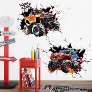 Boys Wall Decals 3D Racing Cars Trucks Kids Bedroom Playroom Wall Stickers Decor